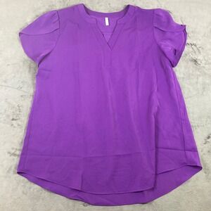 Anyally Purple Short Petal Sleeve Split V-Neck Blouse Top Large